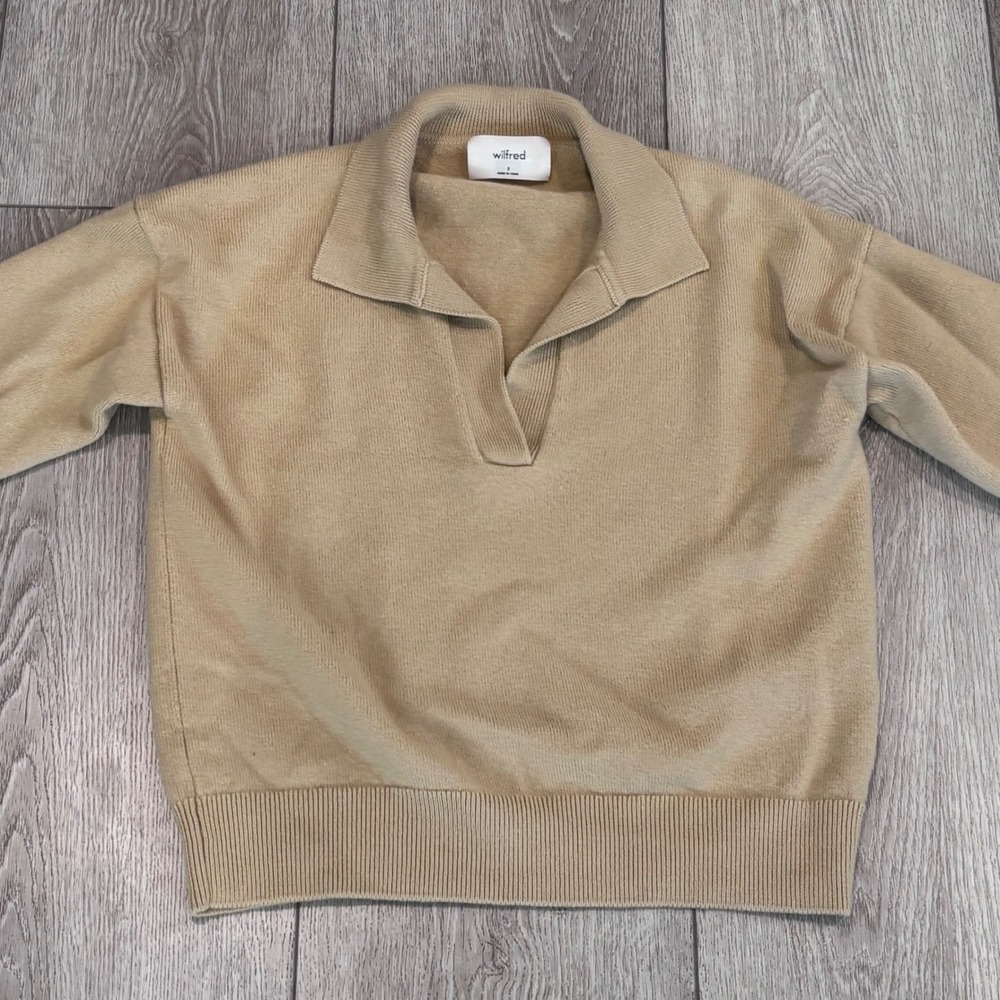 Wilfred Polo Sweater Womens Small Tan Merino Wool V-Neck Collared Preppy Casual